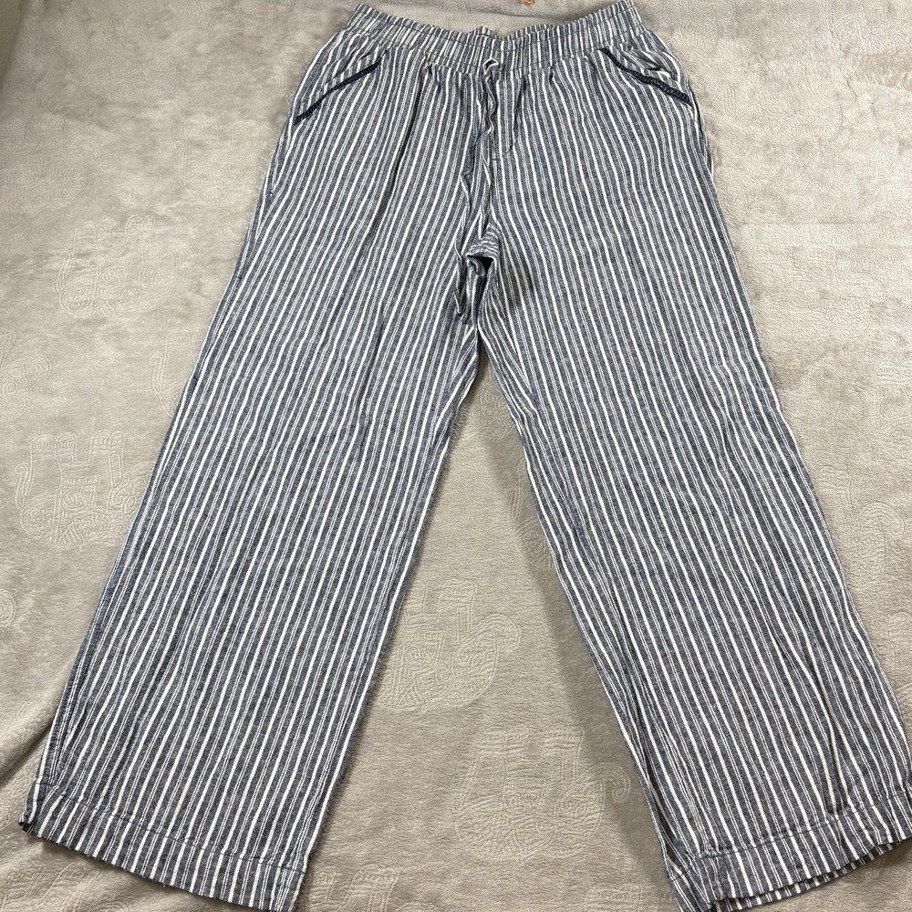 Briggs Linen Blend Pull-On Wide Leg Pants Blue White Striped Women's Sz Large